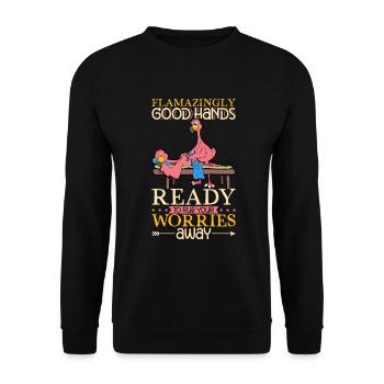 Flamingo bei der Massage - Unisex Pullover - Schwarz - Vorne - Alina (178cm) & Michal (187cm)