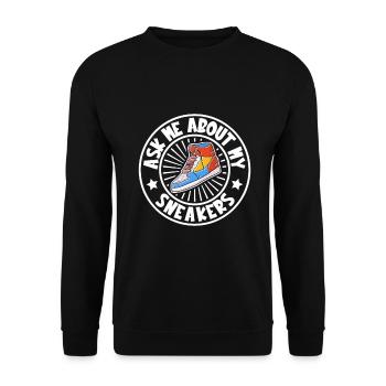 Posez-moi des questions sur mes baskets - Sweat-shirt Unisexe - noir - Devant - Alina (178cm) & Michal (187cm)