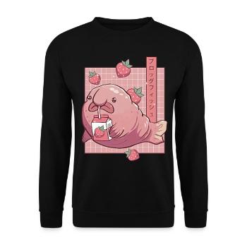 Kawaii Blobfisch Japanische Erdbeermilch - Unisex Pullover - Schwarz - Vorne - Alina (178cm) & Michal (187cm)