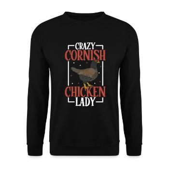 Crazy Cornish Chicken Lady - Indischer Kämpfer - Unisex Pullover - Schwarz - Vorne - Alina (178cm) & Michal (187cm)