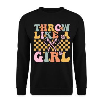 Groovy Axtwerfendes Mädchen - Unisex Pullover - Schwarz - Vorne - Alina (178cm) & Michal (187cm)