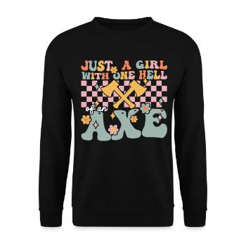Groovy Axtwerfendes Mädchen - Unisex Pullover - Schwarz - Vorne - Alina (178cm) & Michal (187cm)