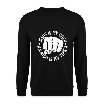 Jesus ist mein Fels - Hapkido ist mein Schlag - Unisex Pullover - Schwarz - Vorne - Alina (178cm) & Michal (187cm)