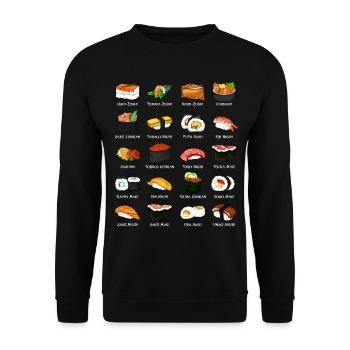 Viele Sushi Zubereitungen - Arten von Sushi - Unisex Pullover - Schwarz - Vorne - Alina (178cm) & Michal (187cm)
