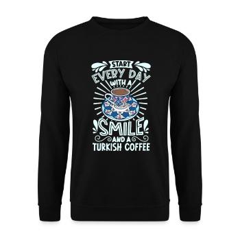 Lächeln mit Turkish Coffee - Unisex Pullover - Schwarz - Vorne - Alina (178cm) & Michal (187cm)