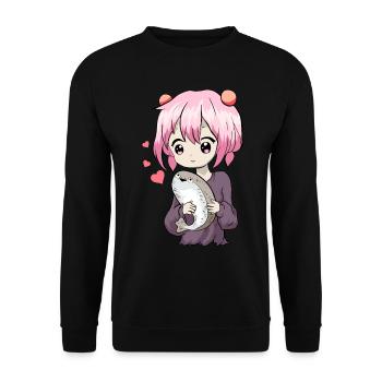 Sacabambaspis Fish Meme Kawaii Japanese Anime Mä - Unisex Sweatshirt - black - Front - Alina (178cm) & Michal (187cm)