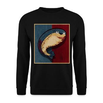 Sacabambaspis Fisch Meme Blau Rot Retro - Unisex Pullover - Schwarz - Vorne - Alina (178cm) & Michal (187cm)