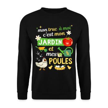 Jardinier Mon truc Mon jardin et mes Poules - Sweat-shirt Unisexe - noir - Devant - Alina (178cm) & Michal (187cm)