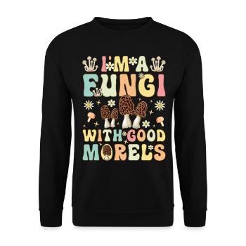 Groovy Mykologe auf Pilzsuche - Unisex Pullover - Schwarz - Vorne - Alina (178cm) & Michal (187cm)