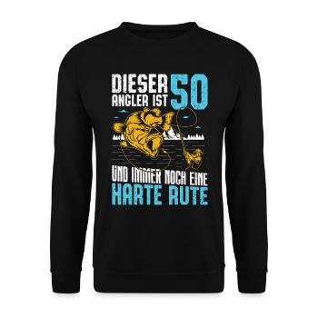 50. Angler Geburtstag Hecht Angeln - Unisex Pullover - Schwarz - Vorne - Alina (178cm) & Michal (187cm)