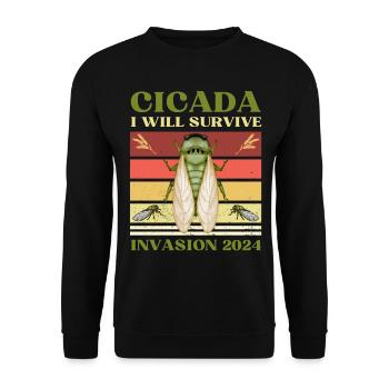 SHIRT ICH WERDE DIE ZIKADENINVASION 2024 ÜBERLEBEN - Unisex Pullover - Schwarz - Vorne - Alina (178cm) & Michal (187cm)