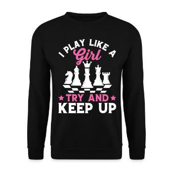 Lustiger Schachspieler Ich spiele wie ein Mädchen - Unisex Pullover - Schwarz - Vorne - Alina (178cm) & Michal (187cm)