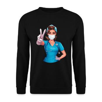 Lustige Krankenschwester mit Humor - Unisex Pullover - Schwarz - Vorne - Alina (178cm) & Michal (187cm)