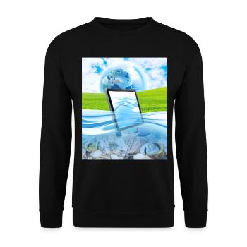 Frutiger Aero Aesthetic Tech Wasserfische Monitor - Unisex Pullover - Schwarz - Vorne - Alina (178cm) & Michal (187cm)