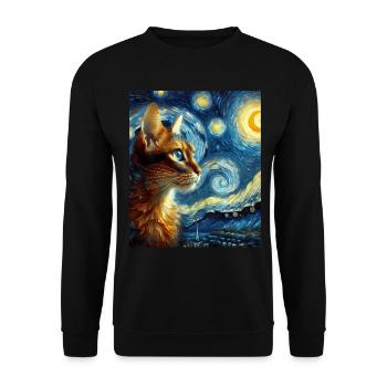 Abessinier Orange Katze Sternennacht Gemälde - Unisex Pullover - Schwarz - Vorne - Alina (178cm) & Michal (187cm)