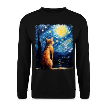 Abessinier Orange Katze Sternennacht Gemälde - Unisex Pullover - Schwarz - Vorne - Alina (178cm) & Michal (187cm)