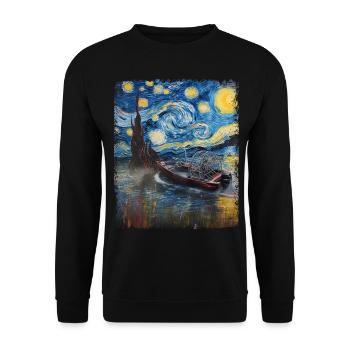 Luftboot Luftbootfahren Sternennacht Malerei - Unisex Pullover - Schwarz - Vorne - Alina (178cm) & Michal (187cm)