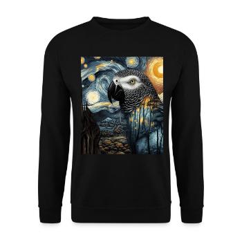 Afrikanischer Graupapagei Vogel Sternennacht Gemäl - Unisex Pullover - Schwarz - Vorne - Alina (178cm) & Michal (187cm)