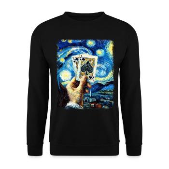 Blackjack Glücksspiel Karten Sternennacht Malerei - Unisex Pullover - Schwarz - Vorne - Alina (178cm) & Michal (187cm)