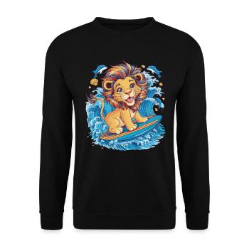 Surfendes Einhorn auf Regenbogenwelle - Unisex Pullover - Schwarz - Vorne - Alina (178cm) & Michal (187cm)