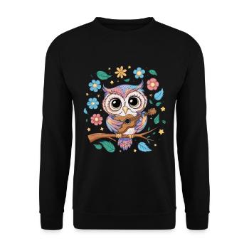 Niedliche Eule Vogel Federn Blumen Gitarre - Unisex Pullover - Schwarz - Vorne - Alina (178cm) & Michal (187cm)