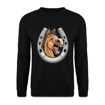 Pferd Lacht und Zeigt Zähne mit Hufeisen - Unisex Pullover - Schwarz - Vorne - Alina (178cm) & Michal (187cm)