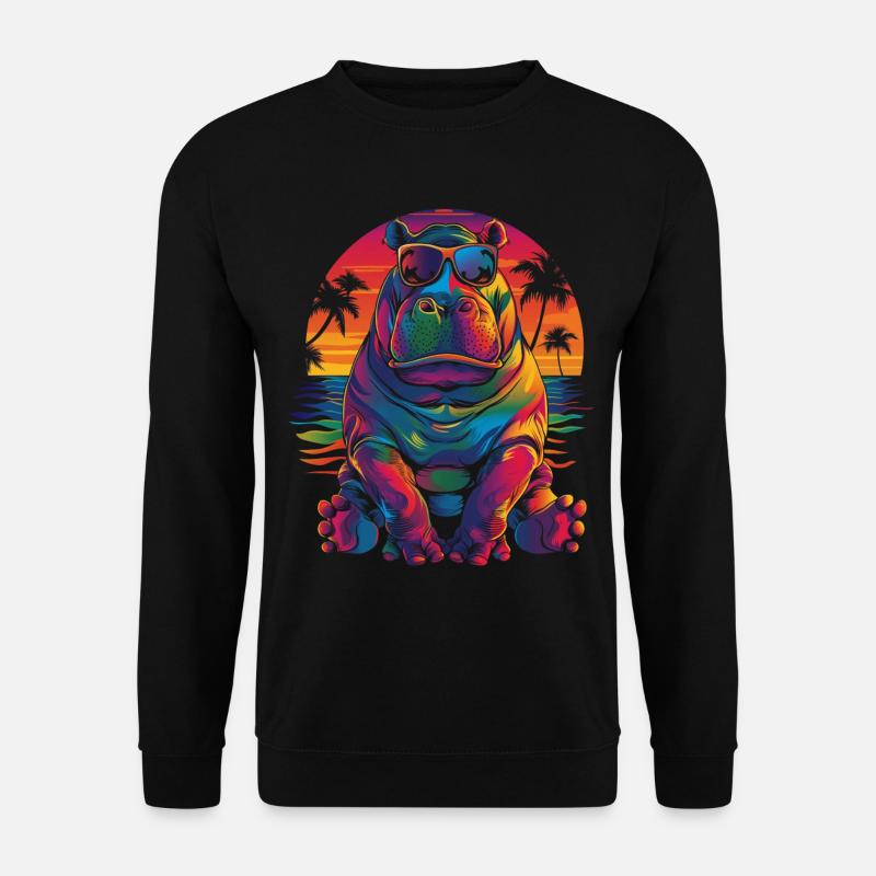 Nilpferd Hippopotamus Sonnenbrille Strand Popart - Unisex Pullover - Schwarz