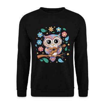 Niedliche Eule Vogel Federn Blumen Gitarre - Unisex Pullover - Schwarz - Vorne - Alina (178cm) & Michal (187cm)