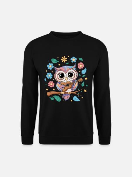 Niedliche Eule Vogel Federn Blumen Gitarre - Unisex Pullover - Schwarz
