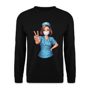 Lustige Krankenschwester mit Humor - Unisex Pullover - Schwarz - Vorne - Alina (178cm) & Michal (187cm)