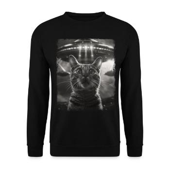 Tabby Katze UFO Alien Außerirdischer Selfie - Unisex Pullover - Schwarz - Vorne - Alina (178cm) & Michal (187cm)