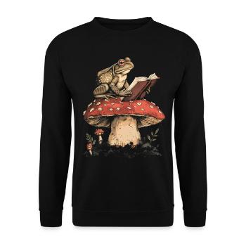 Cottagecore Aesthetic Frog Reading Book Mushroom Gobl - Unisex Sweatshirt - black - Front - Alina (178cm) & Michal (187cm)