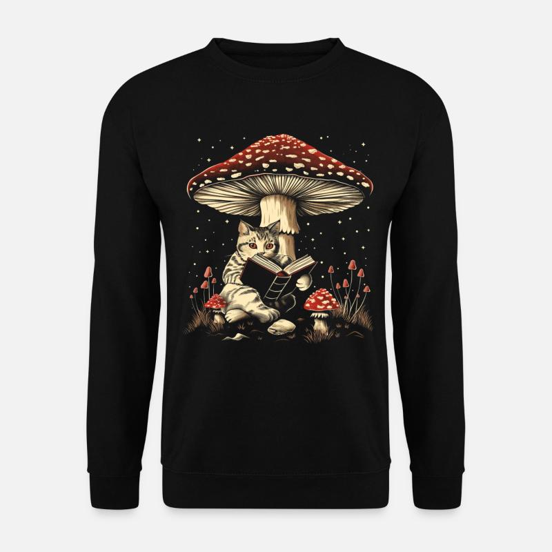 Cottagecore Ästhetische Katze Lesebuch Pilz Witchy - Unisex Pullover - Schwarz