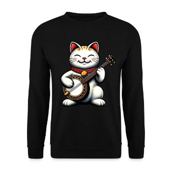 Maneki Neko Japanische Katze Lucky Bluegrass Banjo - Unisex Pullover - Schwarz - Vorne - Alina (178cm) & Michal (187cm)