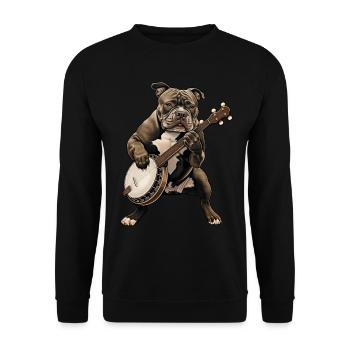 Pitbull Pittie Hund Bluegrass Banjo Spieler - Unisex Pullover - Schwarz - Vorne - Alina (178cm) & Michal (187cm)