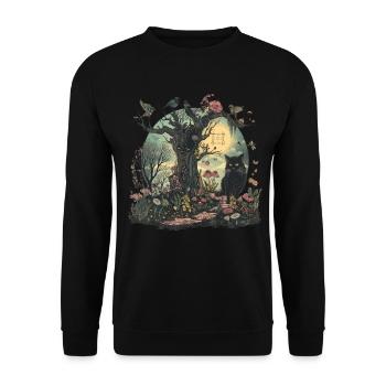 Cottagecore Ästhetische schwarze Katze Baum Vögel - Unisex Pullover - Schwarz - Vorne - Alina (178cm) & Michal (187cm)