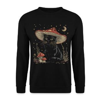 Cottagecore Ästhetische schwarze Katze Pilz Hut Wi - Unisex Pullover - Schwarz - Vorne - Alina (178cm) & Michal (187cm)