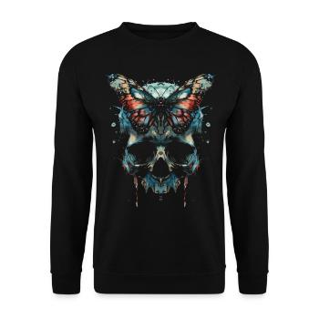 Weirdcore Ästhetik Schädel Schmetterling Strangeco - Unisex Pullover - Schwarz - Vorne - Alina (178cm) & Michal (187cm)