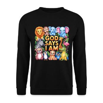 God Says I Am Niedliche Tiere für Kinder - Unisex Pullover - Schwarz - Vorne - Alina (178cm) & Michal (187cm)