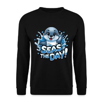 Niedliche Robbe Seas The Day für einen Robben - Unisex Pullover - Schwarz - Vorne - Alina (178cm) & Michal (187cm)