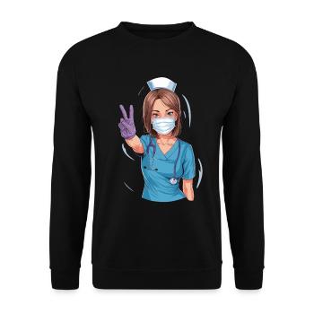 Lustige Krankenschwester mit Humor - Unisex Pullover - Schwarz - Vorne - Alina (178cm) & Michal (187cm)