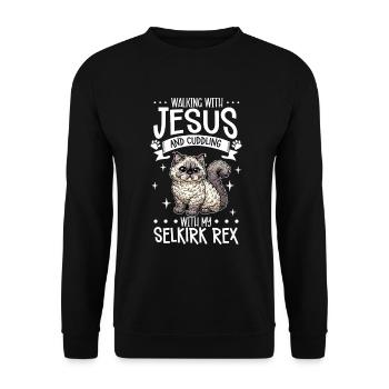 Jesus und meine Selkirk Rex - Unisex Pullover - Schwarz - Vorne - Alina (178cm) & Michal (187cm)