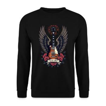 Rock and Roll Geflügelte Gitarre Kunst - Unisex Pullover - Schwarz - Vorne - Alina (178cm) & Michal (187cm)