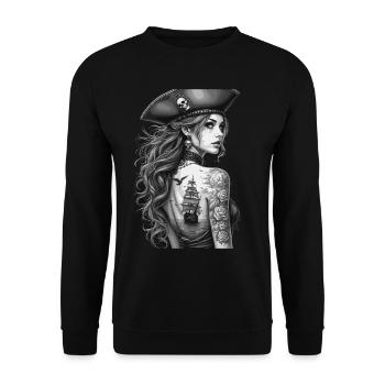 Vintage Piraten Abenteuer Kunstwerk - Unisex Pullover - Schwarz - Vorne - Alina (178cm) & Michal (187cm)