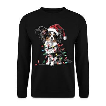 Niedlicher Papillon Hund Weihnachtsmütze Xmas - Unisex Pullover - Schwarz - Vorne - Alina (178cm) & Michal (187cm)