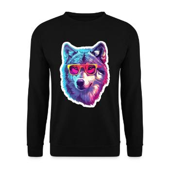 Lustiger Wolf mit Sonnenbrille für einen Wolf Fan - Unisex Pullover - Schwarz - Vorne - Alina (178cm) & Michal (187cm)