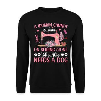 Frau, die alleine näht, Hund, Nähmaschine, - Unisex Pullover - Schwarz - Vorne - Alina (178cm) & Michal (187cm)