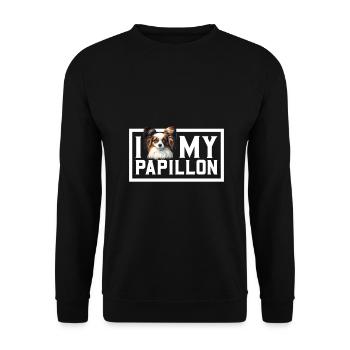 Ich liebe meinen Papillon - Unisex Pullover - Schwarz - Vorne - Alina (178cm) & Michal (187cm)