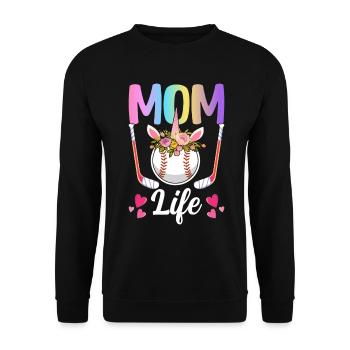 Mom Life Hockey Mom Illustration für Einhorn-Fans. - Unisex Pullover - Schwarz - Vorne - Alina (178cm) & Michal (187cm)