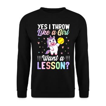Softball-Mädchen Softball-Spielerin Ich werfe wie - Unisex Pullover - Schwarz - Vorne - Alina (178cm) & Michal (187cm)